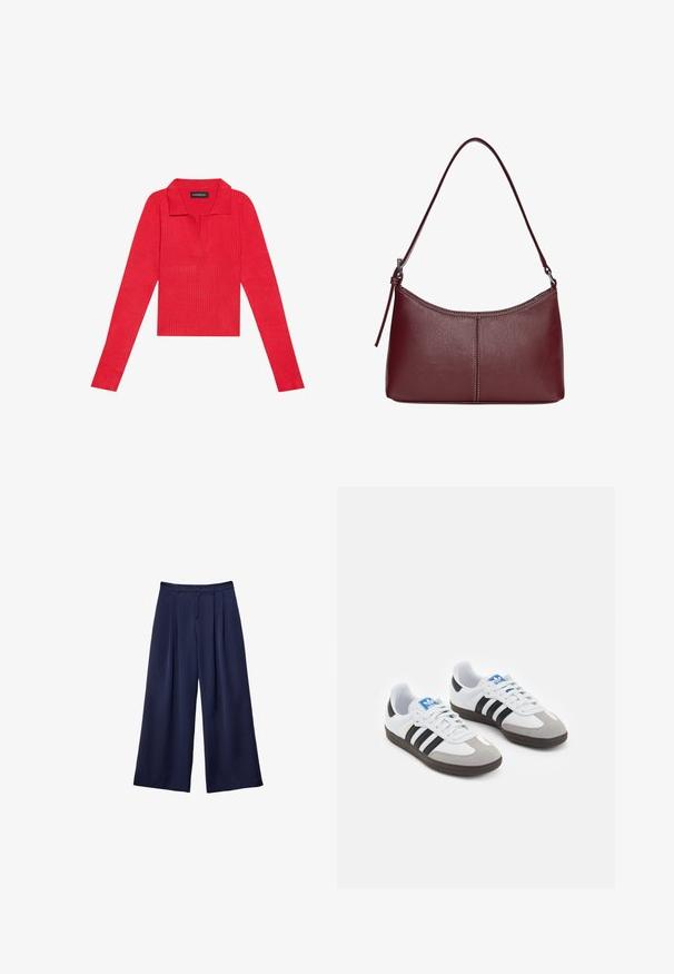 Rotes, geripptes Langarmshirt mit Kragen und Knopfleiste, das über ein körpernahes Design und eine glatte Textur verfügt. Etikett im Inneren des Kragens sichtbar.; Marineblaue weite Hosen mit Falten, Knopfverschluss und Gürtelschlaufen, flach auf einem weißen Hintergrund präsentiert.; Sportschuhe mit einem Obermaterial aus weißem Leder, grauer Wildleder-Zehenkappe und drei schwarzen Streifen. Sie verfügen über ein blaues Logo auf der Zunge und eine strukturierte Gummisohle.; Bordeauxfarbene Ledertasche mit geschwungener Form, einem einzigen Schulterriemen und gesteppten Details in der Mitte. Glatte Textur, minimales Zubehör.