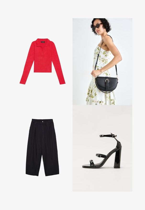 Maglietta rossa a maniche lunghe con collo e bottoni, caratterizzata da un design aderente e una texture liscia. Etichetta visibile all'interno del collo.; Pantaloni culotte neri in poliestere con una cintura elastica, due pieghe frontali e una silhouette ampia. Nessun motivo visibile o dettagli in metallo.; Sandali con tacco in vernice nera, con punta squadrata, cinturini alla caviglia e fibbie in argento. Presentano un tacco a blocco spesso per maggiore stabilità.; Borsa a tracolla nera in pelle con una forma curva, manico rimovibile e accessori dorati. La borsa presenta una patta con un dettaglio a fibbia.