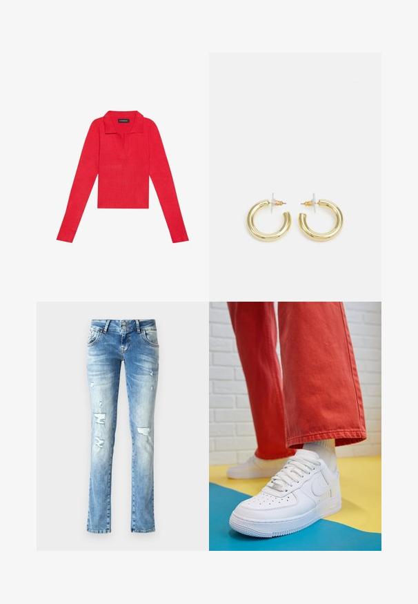 Haut long à manches rouges côtelé avec un col et une patte de boutonnage, présentant une coupe ajustée et une texture lisse. Étiquette visible à l'intérieur du col.; Jeans en denim bleu clair avec une coupe décontractée, présentant des détails usés, une braguette à boutons avec deux boutons et des jambes droites.; Baskets blanches en cuir avec une boîte à orteils perforée, semelle texturée et lacets blancs, associées à un large pantalon rouge et un fond bleu et jaune.; Boucles d'oreilles en or avec une finition lisse et brillante. Design circulaire présentant un petit clou et une attache transparente pour un port sécurisé.