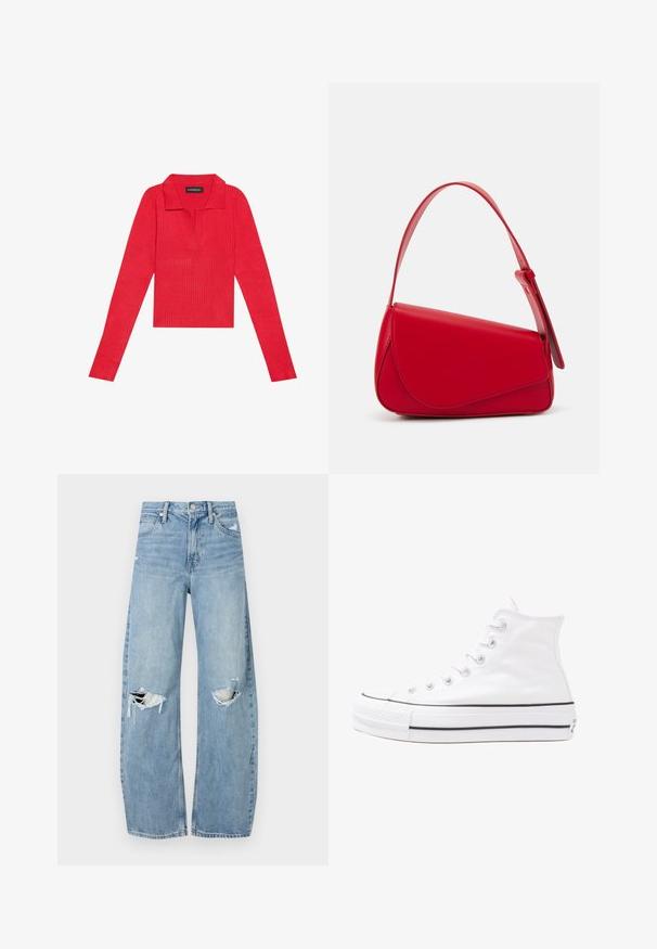 Sarkana ribota garām piedurknēm ar apkakli un pogu aizdari, ar pieguļošu dizainu un gludu tekstūru. Etiķete redzama iekšpusē apkakles.; Gaiši zili, augstās vidukļa džinsi, kas izgatavoti no denima. Iespējas plašas kājas, divas plēstas ceļa daļas un klasiskā piecu kabatu dizains.; Balti augstie kanvas sporta apavi ar melnu gumijas zoli, priekšējo gumijas purngalu un sešām acīm lencēm, kuriem ir tīrs, minimālistisks dizains.; Sarkans ādas rokassomi ar stūrainu, ģeometrisku dizainu. Iekļauj vienu regulējamu siksnu un vāku ar izšūtu detaļu.