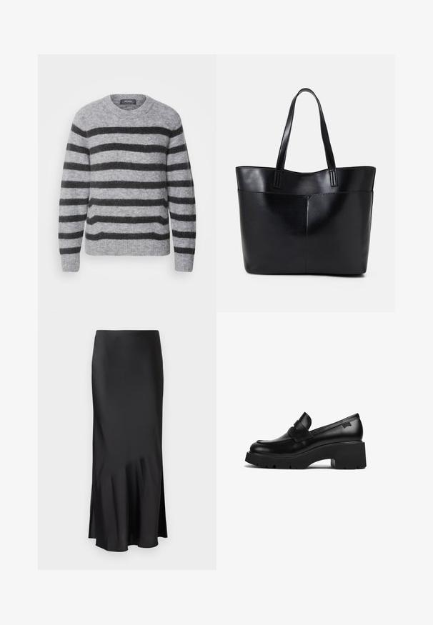 Mos Mosh THORA STRIPE CREWNECK - Džemperis - sharkskin; Melnas satīna vidēja garuma svārki ar elegantu dizainu, ar nelielu izplešanos apakšmalā un sānu šķēlumu, kas nodrošina ērtību kustībā. Gluda tekstūra.; Melnas ādas chunky papēža loafers ar biezu zoli un siksniņas detaļu pāri augšai, attēlots no sāna uz baltas fona.; Melnas ādas iepirkumu soma ar divām garām rokturām, gludu tekstūru un strukturētu formu. Iekļauj priekšējo kabatu papildu uzglabāšanai.; Sudraba riņķveida auskari ar gludu, spīdīgu apdari. Apaļas formas, viegla dizaina, ar aizdari uz stieples.
