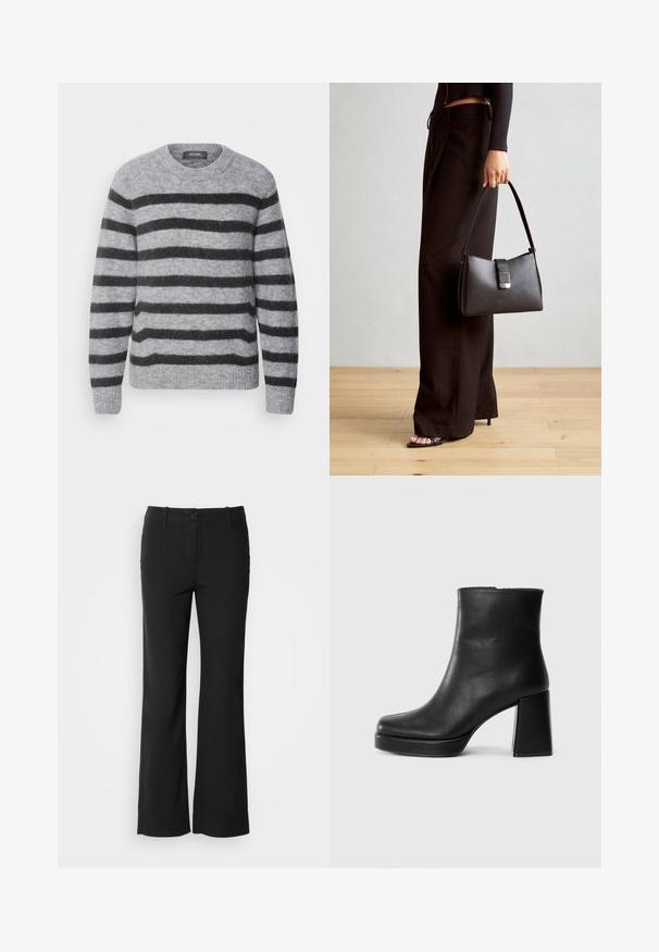 Mos Mosh THORA STRIPE CREWNECK - Pulover - sharkskin; Pantaloni negri dintr-un amestec de bumbac, cu un design drept, închidere frontală cu buton și două buzunare laterale. Textură netedă, fără modele vizibile.; Botină din piele neagră, cu toc pătrat și talpă platformă, văzută din lateral pe un fundal alb simplu.; Genți negre cu o formă structurată, textură netedă și un închizător metalic. Asortată cu pantaloni negri largi și sandale cu vârf deschis pe un podea din lemn.