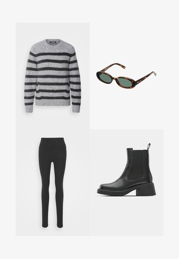 Mos Mosh THORA STRIPE CREWNECK - Trui - sharkskin; Zwarte legging met een hoge tailleband, gemaakt van soepel, rekbaar materiaal. Heeft een aansluitend ontwerp en lange pijpen.; Zwarte leren enkellaarsjes met elastische zijpanelen, ronde neus en een stevige blokhak. Gladde textuur met een minimalistisch ontwerp.; schildpadbril met ovale monturen en groene lenzen. Heeft dunne spijlen met een metalen accent nabij de scharnieren.; Zilveren oorringen met een glad, glanzend oppervlak, met een gebogen vorm en een sluiting met steker. Minimalistisch ontwerp met een moderne afwerking.