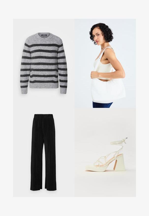 Mos Mosh THORA STRIPE CREWNECK - Strickpullover - sharkskin; Schwarze plissierte Hose mit elastischem Bund. Verfügt über weite Hosenbeine und einen glatten, strukturierten Stoff mit vertikalen Streifen.; Weiße High-Heel-Sandale mit einem klobigen Absatz, die über ein Riemchendesign und ein Knöchelband verfügt. Glatte Textur mit einer Plattform vorne für zusätzliche Höhe.; Weißer Schultertasche aus glattem Material mit ovalem Ausschnitt und breitem Tragegurt. Einfach und modern, ohne sichtbare Hardware.