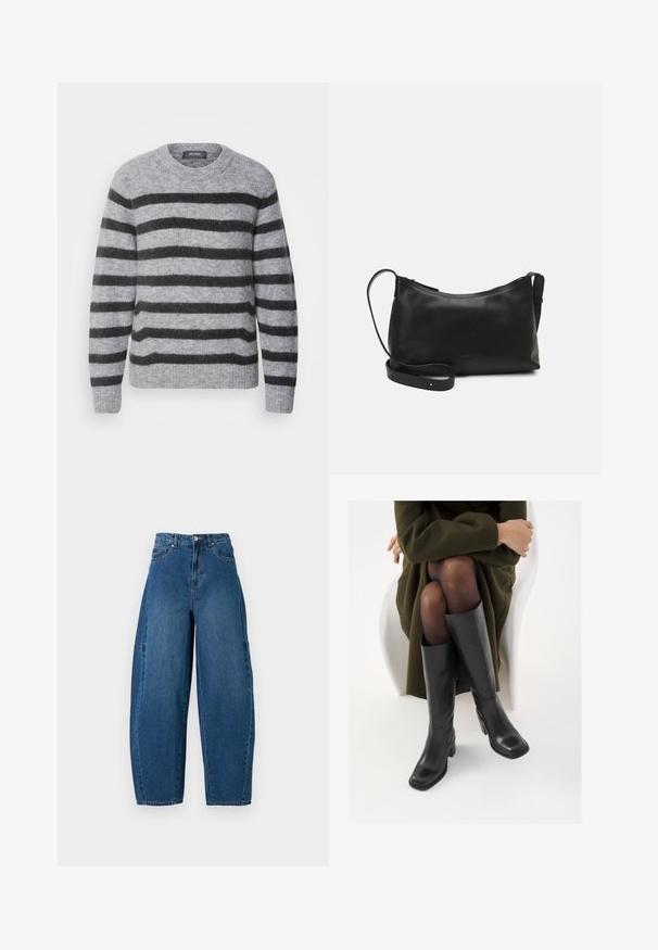 Mos Mosh THORA STRIPE CREWNECK - Strickpullover - sharkskin; Denimjeans in einer mittleren blauen Waschung, mit hoher Taille, weit geschnittenem Bein und dem typischen fünf Taschen Design mit sichtbaren Nahtdetails.; Knöchelhöhe schwarze Lederstiefel mit quadrater Spitze und Blockabsatz, gezeigt mit einem Modell, das einen olivgrünen Mantel trägt. Glatte Textur, minimale Details.; Schwarze Ledertasche für die Schulter mit glatter Textur, geschwungener Form, verstellbarem Tragegurt und Reißverschluss. Minimalistisches Design ohne Verzierungen.