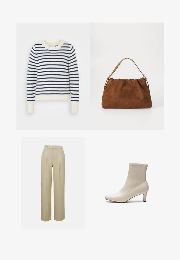 Pruhovaný svetr v krémové a námořnické barvě, s ribbovanou strukturou, kulatým výstřihem a dlouhými rukávy. Klasický design s volným střihem.; Krémové kalhoty s širokými nohavicemi vyrobené z hladkého materiálu, s předními záhyby, upraveným pasem a postranními kapsami. Čistý lem.; Bílé kotníkové boty vyrobené z hladké kůže, s špičatou špičkou a krátkým, zúženým podpatkem. Vyznačují se minimalistickým designem a bezešovým svrškem.; Hnědá semišová kabelka se skládáním, s jedním světlým koženým popruhem a decentním zlatým logem na přední straně.