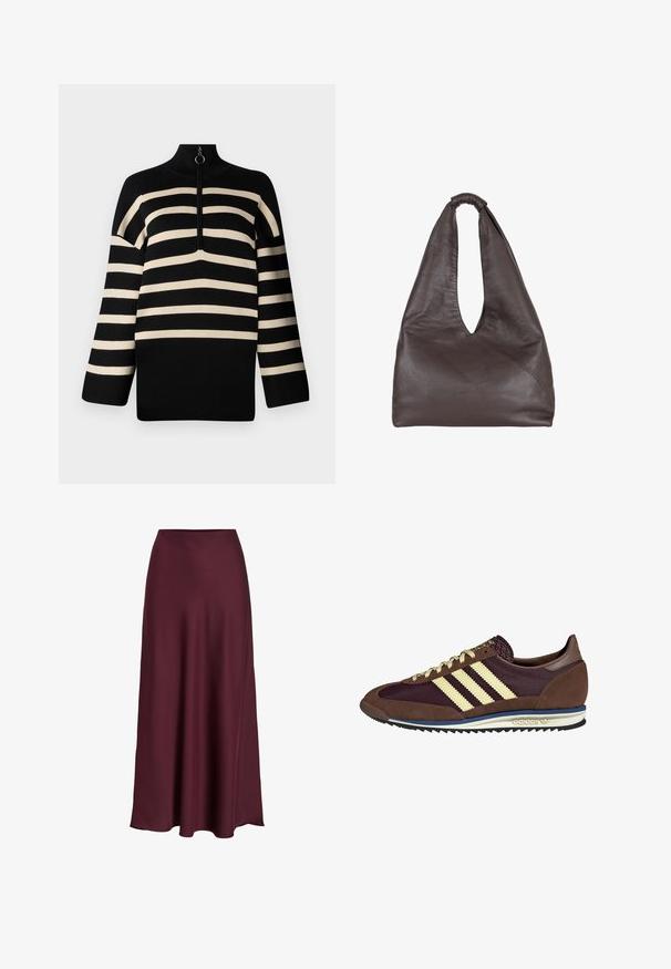 Pulover s črnimi in kremnimi črtami, visokim ovratnikom in četrtinskim zadrgo. Pletena tekstura s širokimi rokavi in sproščenim krojem.; Burgundska satenska maxi krila z gladko teksturo, visokim pasom in tekočim silhueto, ki se nežno širijo proti robu.; Rjavi in rdeče-burgundske teniske iz usnja in mrežastega materiala, ki imajo tri smetane stripe, teksturirano blago na jeziku in gumijast podplat.; Rjava usnjena torba s spuščeno, prenapolnjeno zasnovo. Ima zanko za ročaj in globok V-izrez za enostaven dostop. Mehka tekstura, minimalistični slog.