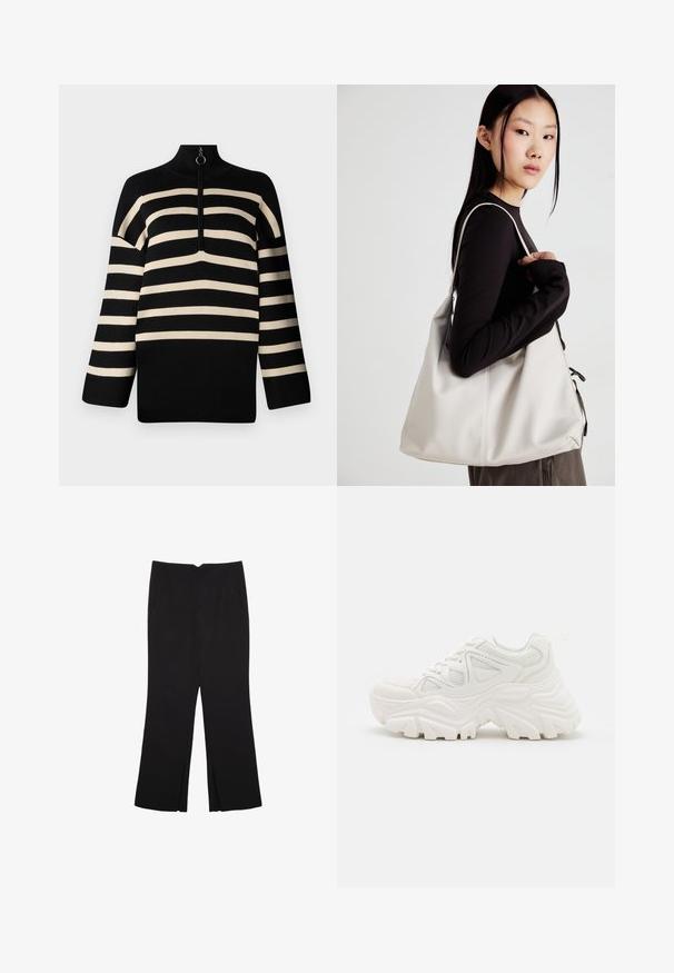 Sort og creme stribet pullover med høj hals og kvart lynlås. Strikket tekstur med brede ærmer og en afslappet pasform.; Sorte bukser med lige pasform, der har frontlommer og slidser i kanten. Lavet af blødt, glat stof. Velegnet til forskellige anledninger.; Hvide chunky sneakers med en tekstureret overdel, mesh-paneler og tykke gummisåler med et markant dækmønster. Snørebånd og en pull-tab medfølger.; Beige håndtaske lavet af blødt materiale med et slouchy design, stikninger og to skulderremme. Velegnet til daglig brug.
