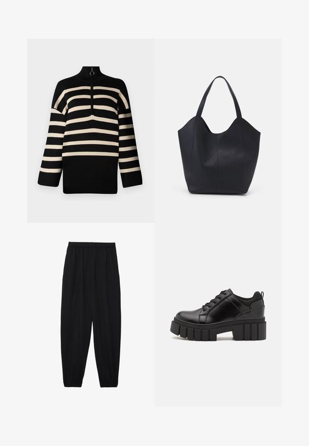 Pulover pe fundal negru cu dungi crem, cu guler înalt și fermoar la un sfert. Textură tricotată, cu mâneci late și croi lejer.; Pantaloni negri, ușori, cu un brâu elastic și tivuri strânse. Materialul este neted și are un design relaxat, conic.; Pantofi cu talpă plată din piele neagră, cu toc gros, vârf rotund și design tradițional cu șireturi. Prezintă o textură netedă și detalii minime.; Geantă de umăr neagră, realizată din piele netedă, cu un design minimalist, având un vârf deschis curbat și două mânere pentru umăr.