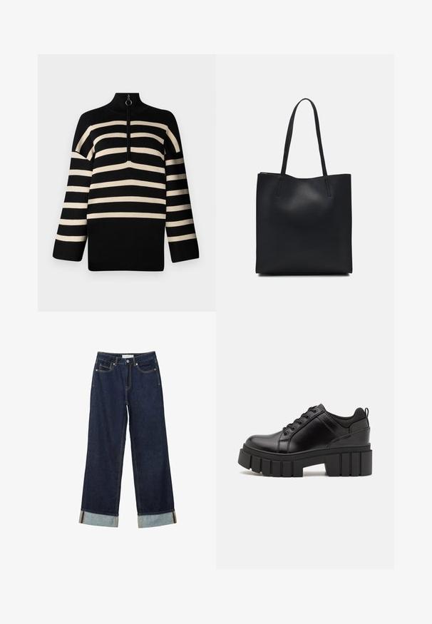 Czarny i kremowy sweter w paski z wysokim dekoltem i ćwierć zamkiem. Dzianinowa tekstura z szerokimi rękawami i luźnym krojem.; Ciemnoniebieskie dżinsy o szerokich nogawkach i wysokim stanie, z podwiniętymi mankietami, kontrastowym przeszyciem i pięcioma kieszeniami. Wykonane z materiału dżinsowego.; Czarne skórzane buty na platformie z masywnym słupkowym obcasem, okrągłym noskiem i klasycznym sznurowaniem. Posiadają gładką teksturę i minimalne wykończenia.; Czarna skórzana torba tote o gładkiej fakturze, prostokątnym kształcie i dwóch długich uchwytach. Brak widocznych elementów metalowych i ozdób.