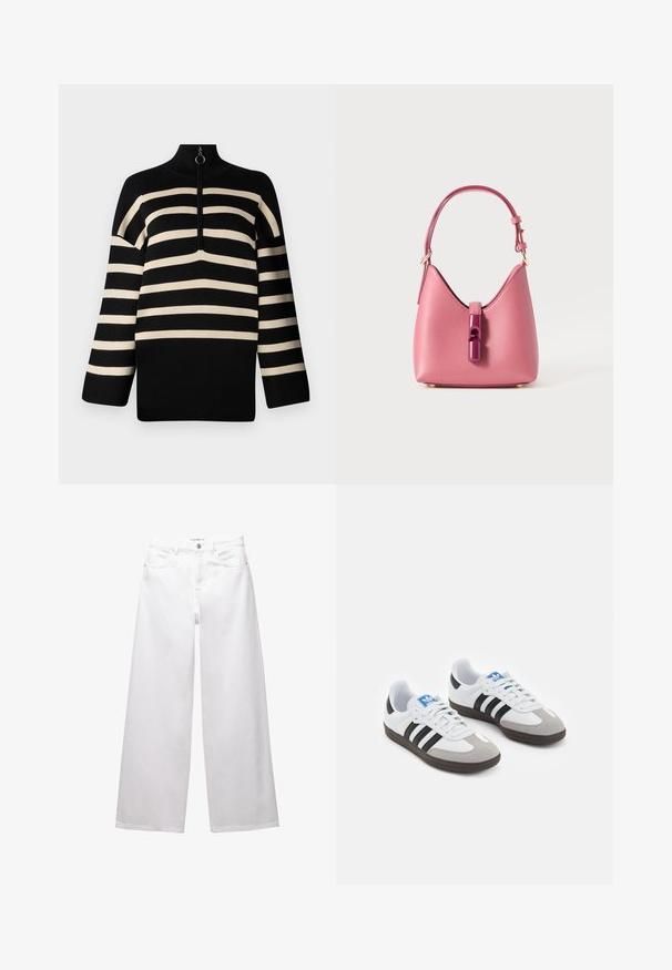 Black and cream striped pullover with a high neck and a quarter zip. Knit texture with wide sleeves and a relaxed fit.; White wide-leg jeans made from denim. Features button closure, front and back pockets, and stitched seams. Smooth texture with minimal detailing.; Sport shoes with a white leather upper, gray suede toe, and three black stripes. Features a blue logo on the tongue and a textured rubber sole.; Pink leather handbag with a structured shape, featuring a glossy accent closure and a single adjustable strap. Textured finish with gold hardware.