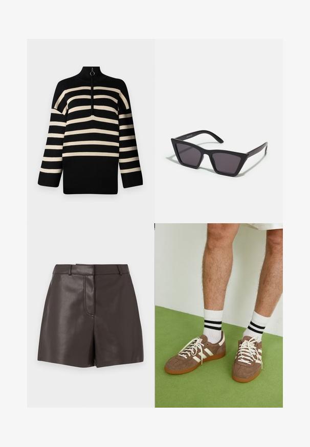 Black and cream striped pullover with a high neck and a quarter zip. Knit texture with wide sleeves and a relaxed fit.; Brown leather shorts with a smooth texture, featuring a front seam, belt loops, and two side pockets. Designed for a fitted silhouette.; Brown suede sneakers with white accents and laces. Rubber gum sole. Worn with white socks featuring black stripes. Green textured flooring.; Black, angular sunglasses with gray lenses; made of plastic, featuring thick arms with a smooth surface and no visible hardware.; Brown leather handbag with two sturdy handles, rectangular shape, smooth texture, and zip closure. Minimalist design with no visible patterns.; Clear and amber resin rings, one smooth and transparent, the other with a textured, amber finish. Both feature rounded, chunky designs.