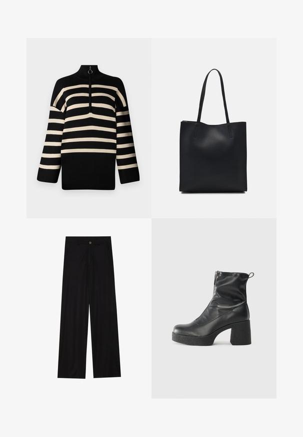 Pulover crno-bijelih pruga s visokim ovratnikom i četvrtim patentnim zatvaračem. Pleteni materijal s širokim rukavima i opuštenim krojem.; Široke crne hlače izrađene od glatkog materijala, s prednjim džepovima i kopčanjem na gumb u struku. Minimalistički dizajn bez uzoraka.; Crne gležnjače od glatke kože, s bočnim zatvaračem, debelim teksturiranim potplatom i dizajnom s zaobljenim prstima.; Crna kožna torba za nošenje s glatkom teksturom, pravokutnim oblikom i dvije duge ručke. Nema vidljivih metalnih dijelova ili ukrasa.