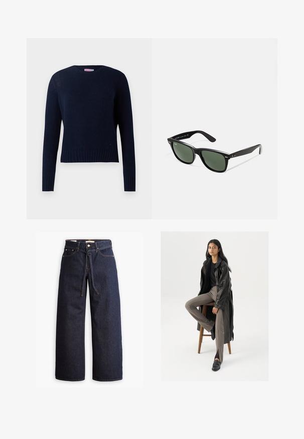 Sötétkék kötött pulóver, kerek nyakkivágással, hosszú ujjakkal, bordázott mandzsettákkal és szegéllyel. Az anyag finom textúrázott mintát mutat.; Széles lábú, sötétkék farmernadrág magas derékkal, húzózsinórral, öt zsebbel és kontrasztos varrással.; Fekete bőr trench coat, gombokkal és öv részletekkel, világosbarna, testhez simuló nadrággal és fekete loaferekkel párosítva, fa bárszéken ülve.; Fekete műanyag napszemüveg zöld lencsékkel, négyzet alakú kerettel, ezüst díszítéssel a keret felső részén, valamint texturált szárakkal. A márka neve a belső száron található.