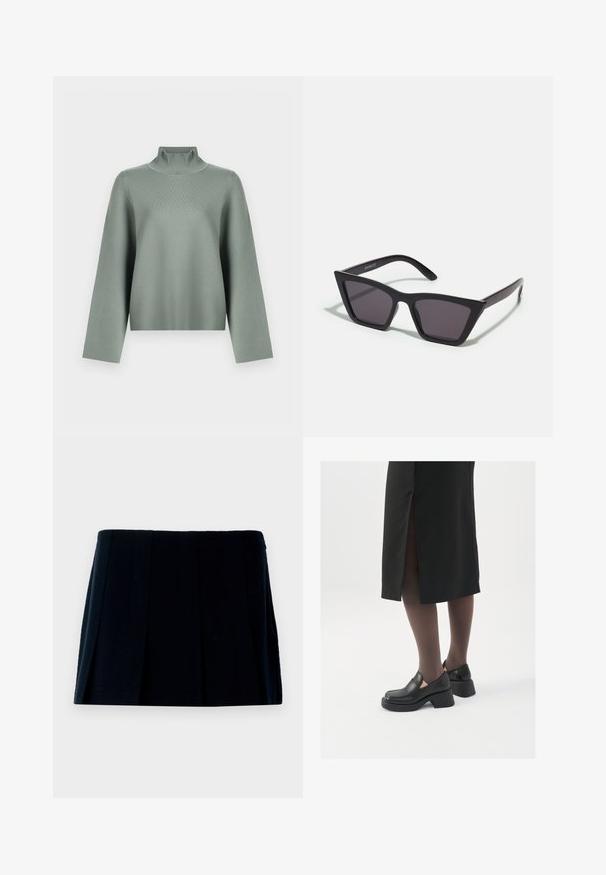 Ljus salviagrön stickad tröja med långa vida ärmar och hög ribbad polokrage på en vit bakgrund.; Svart plisserad minikjol i tyg. Har en rak midjeresår och flera vertikala veck för form och textur.; Svarta läderskor med rund tå, tjock klack utan häl och elastiska sidodetaljer, kombinerat med mörka strumpbyxor och en svart kjol med slits.; Svarta, vinklade solglasögon med grå linser; tillverkade av plast, med tjocka skalmar med en slät yta och utan synlig hårdvara.