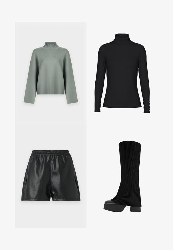 Vaalean salvia vihreä neulepusero, jossa on pitkät leveät hihat ja korkea ribattu turtleneck -kaulus, valkoisella taustalla.; Musta pooli, pitkät hihat, valmistettu sileästä kankaasta. Ominaisuudet sovitettu muotoilu korkealla kaula-aukolla ja vähäisillä ommeltyksillä.; Mustat tekonahkashortsit, joissa on joustava vyötärö, sileäpintainen rakenne ja löysä istuvuus. Ei näkyviä kuvioita tai koristeita.; Musta polvipitkä saapas, jossa on ribbikuvioitu kangasosa, paksu alusta ja blokki korko, joka on varustettu sileällä pinnalla ja tyylikkäällä, modernilla muotoilulla.
