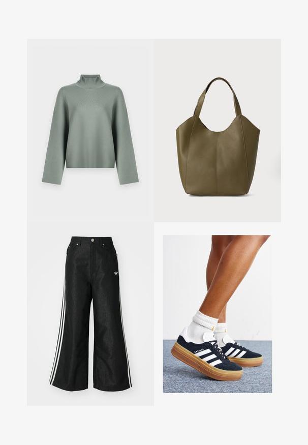 Maglione lavorato a maglia di un verde salvia chiaro con maniche lunghe e larghe e colletto a dolcevita rigato alto su uno sfondo bianco.; Pantaloni in denim neri a gamba larga con tre strisce bianche su ciascun lato e un piccolo logo bianco. Presentano tasche frontali e chiusura con bottone.; Sneakers in pelle scamosciata nera con strisce e dettagli bianchi, punta arrotondata, suola in gomma color gomme, abbinate a calzini bianchi a coste alla caviglia.; Borsa tote in pelle verde oliva con doppio manico, texture liscia e design a quattro pannelli. Cuciture rinforzate lungo le cuciture per una maggiore durata.
