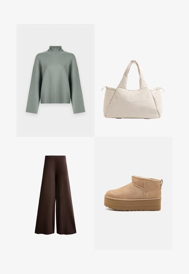Pull en tricot vert sauge clair avec de longues manches larges et un col roulé à côtes hautes sur un fond blanc.; Pantalons bruns à jambes larges en tissu doux, avec une taille haute, une texture subtile et une silhouette fluide sans fermetures ni ornements visibles.; Bottines en suede beige avec un intérieur moelleux, dotées d'une semelle compensée et d'une languette à l'arrière pour un enfilage facile. Semelle extérieure en caoutchouc texturé.; Sac fourre-tout en beige matelassé avec deux poignées, forme arrondie, tissu texturé et poche latérale à cordon de serrage. Fini lisse, design minimaliste.