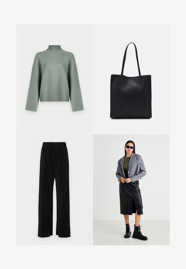 Pull en tricot vert sauge clair avec de longues manches larges et un col roulé à côtes hautes sur un fond blanc.; Pantalons plissés noirs avec une taille élastique. Présente des jambes larges et un tissu lisse texturé avec des rayures verticales.; Blazer gris avec épaules structurées, haut vert olive, jupe en cuir noir avec fente et bottes noires à lacets, affichant une texture brillante.; Sac fourre-tout en cuir noir avec une texture lisse, de forme rectangulaire et deux longues poignées. Pas de matériel ou d'ornementations visibles.