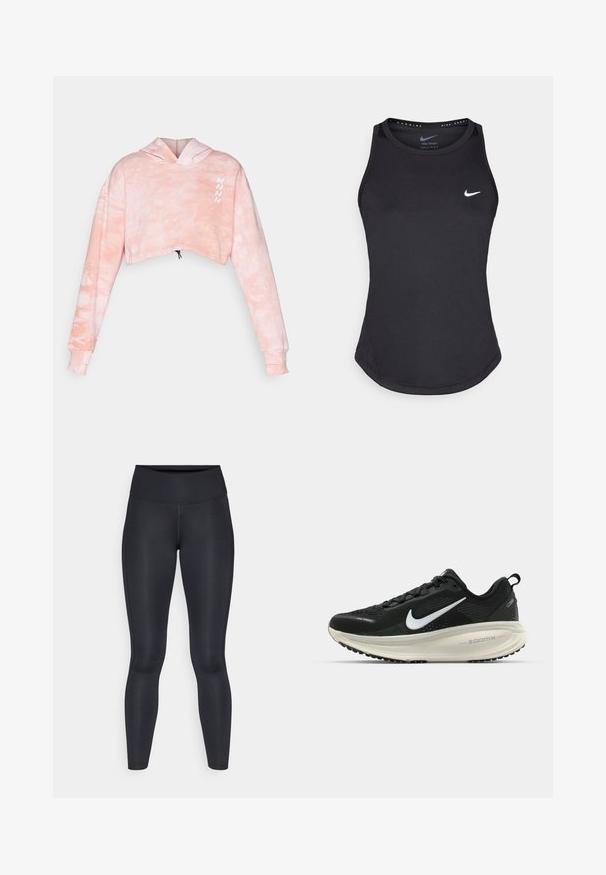 Nebbia RE-FRESH - Džemperis su gobtuvu - pink; Juodas sportinis marškinėlis, pagamintas iš drėgmę šalinančios medžiagos. Turi apvalų iškirpimą, liesą prigludimą ir baltą "Nike" logotipą ant krūtinės.; Juodos leggingos, pagamintos iš lygios, tamprios medžiagos. Aukštas liemuo, be matomų raštų ar akcentų. Tvirtai priglunda prie kūno nuo liemens iki kulkšnies.; Juodas Nike sportinis batelis su kvėpuojančiu tinklu, baltu swoosh logotipu, tekstūruoto dizaino detalėmis ir grietinėlės spalvos ZoomX viduriu.