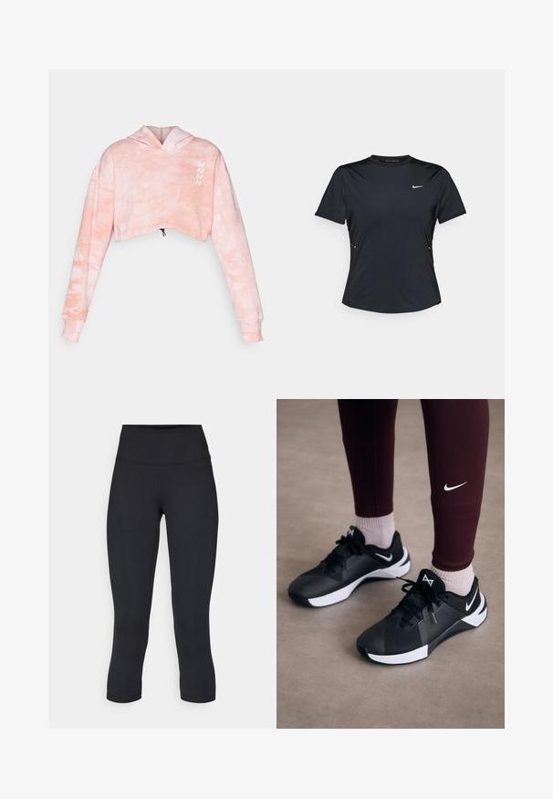 Nebbia RE-FRESH - Mikina s kapucňou - pink; Čierne športové tričko s krátkym rukávom vyrobené z ľahkej, vlhkosť odvádzajúcej tkaniny. Obsahuje okrúhly výstrih a malé biele logo Nike na hrudi.; Čierne skrátené legíny vyrobené z elastického materiálu, s vysokým pásom a hladkou textúrou, bez viditeľných vzorov alebo kovania.; Čierne športové topánky s textúrovaným zvrškom a bielymi akcentmi, s dvoma šnúrkami a logom na boku. Nosené s bordo legínami a svetlými ponožkami.