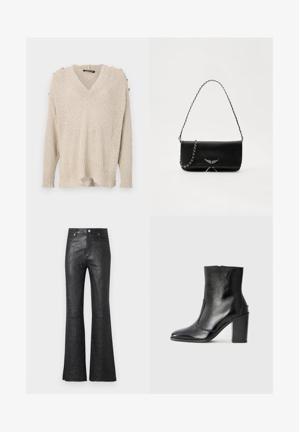 Pulover tricotat bej cu decolteu în V, design cu umeri căzuți și tiv zimțat. Include nasturi aurii pe umeri și un material texturat, lejer.; Pantaloni din piele neagră evazați, cu o textură crăpată, talie înaltă, buzunare frontale și închidere clasică cu nasture și fermoar.; Botină din piele neagră, cu o textură netedă, vârf ascuțit și toc gros, înalt. Dispune de o deschidere laterală și un design minimalist.; Geantă de mână din piele neagră cu un lanț din argint, având accente decorative în formă de aripi și cusături albe de-a lungul cusăturii de jos.