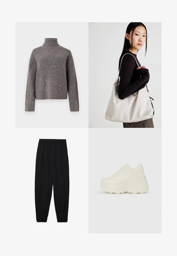 Harmaa poolapaita, joka on valmistettu pehmeästä neulemateriaalista, pitkillä hihoilla ja rentouttavalla istuvuudella, jossa on ribbitekstuuri hihoissa ja helmassa.; Mustat, kevyet housut, joissa on joustava vyötärö ja kerätyt nilkat. Kangas on sileä ja siinä on rento, kapeneva muotoilu.; Valkoiset tasapohjakengät, joissa on sileä nahkamainen päällinen, pyöristetty muoto, pehmustettu nilkkaosa ja texturoitu kumipohja, jossa on hyvin määritellyt urat.; Beige laukku, joka on valmistettu pehmeästä materiaalista, ja siinä on rento muotoilu, ommeltu yksityiskohtia ja kaksi olkahihnaa. Sopii päivittäiseen käyttöön.