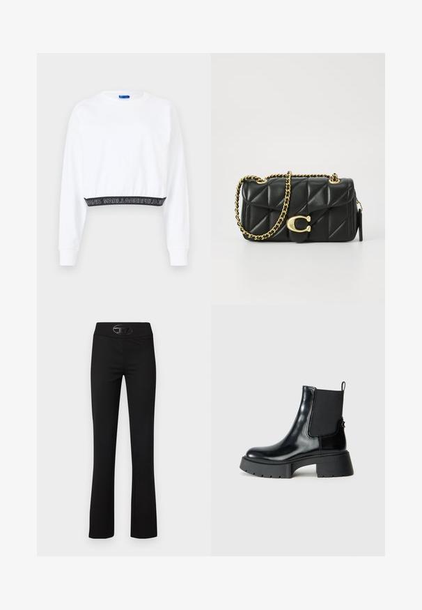 Λευκό κοντό φούτερ με μακριά μανίκια, ριμπ μανσέτες και μαύρη ζώνη που φέρει την επιγραφή "KARL LAGERFELD JEANS" σε λευκό. Λείος υφασμάτινος χαρακτήρας.; Μαύρο φαρδύ παντελόνι με λείο, ελαστικό ύφασμα. Διαθέτει φαρδύ λάστιχο στη μέση και μια γυαλιστερή μαύρη λογοτύπηση μπροστά.; Μαύρες αστραφτερές δερμάτινες μποτίνες μέχρι τον αστράγαλο με ελαστικές πλαϊνές πάνελ, θηλιά για φόρεμα και χοντρή καουτσούκ σόλα με υφή σε σχέδιο τράπεζας.; Μαύρη κουβερτίνα δερμάτινη τσάντα χειρός με χρυσή αλυσίδα και κούμπωμα με ιμάντα που διαθέτει κυκλικό διακοσμητικό. Συμπαγές ορθογώνιο σχήμα.