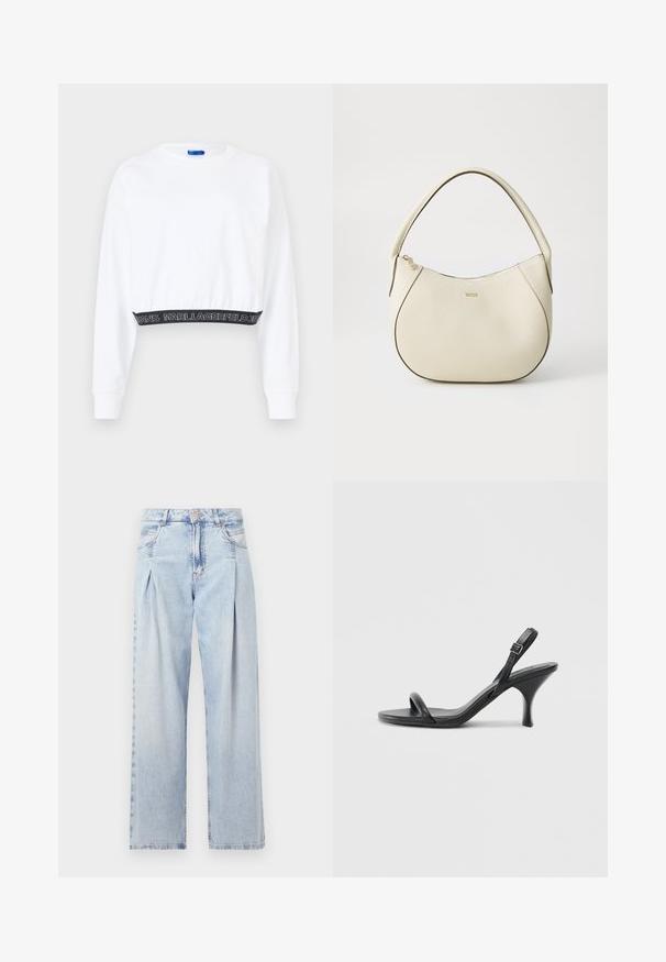 Bílá zkrácená mikina s dlouhými rukávy, žebrovanými manžetami a černým pasem s bílým textem "KARL LAGERFELD JEANS". Hladká textura.; Světlé modré džíny z denimu s vysokým pasem, širokým střihem, dvěma bočními kapsami a nařaseným designem. Měkká textura s vybledlým povrchem.; Černé kožené sandály na vysokém podpatku s úzkým, zakřiveným podpatkem a designem s překříženými popruhy. Nastavitelný pásek kolem kotníku. Hladký povrch.; Kabelka krémové barvy s texturovaným povrchem, zakřiveným tvarem, krátkým uchopením a zlatým logem. Zapínání na zip na vrchu.