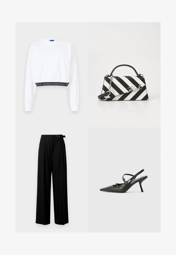 Biely cropped sweatshirt s dlhými rukávmi, vrúbkovanými manžetami a čiernym pásom so bielym textom "KARL LAGERFELD JEANS". Hladká textúra.; Čierne široké nohavice s vysokým pásom, skladmi vpredu a opaskom s prackou. Vyrobené z hladkej, ľahkej textílie.; Čierne kožené slingback topánky na vysokom podpätku s ostrou špicou, štíhlym podpätkom a dekoratívnym detailom s prackou na priehlavku. Hladká textúra a elegantný dizajn.; Čierno-bielo pruhovaná kabelka so štruktúrovaným tvarom, obsahujúca hornú rúčku, odnímateľný reťazový popruh a kovový logo akcent.