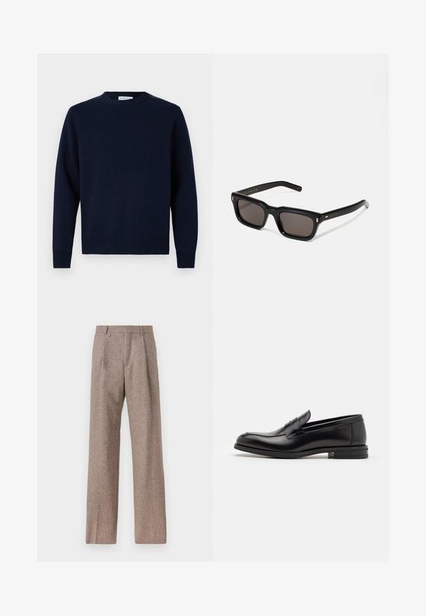 Marineblauer Pullover mit Rundhalsausschnitt, gerippten Bündchen und Saum. Aus weichem Strickmaterial gefertigt, mit einem schlichten, klassischen Design.; Mehrfarbiges Hemd mit Knopfleiste, das eine Mischung aus Mustern wie Blumen- und Grafikdrucks zeigt, mit einem schwarzen Kragen und langen Ärmeln.; Braune, hochtaillierte Hose aus strukturiertem Stoff. Mit weitem Bein und zwei vorderen Bügelfalten für zusätzliche Form. Saubere Verarbeitung ohne sichtbare Hardware.; Schwarze Lederloafers mit glatter Textur, rundem Zehenbereich und einem dekorativen Riemen über dem Vorderfuß. Niedriger, gestapelter Absatz, minimalistisches Design.; Schwarze rechteckige Sonnenbrille mit dunklen Gläsern, dickem Kunststoffrahmen, goldenen Akzenten an den Bügeln und eingraviertem Markenlogo am Arm.; Schwarze Leder-Crossbody-Tasche mit einer Reißverschlusstasche vorne, geprägtem Logo und verstellbarem Tragegurt. Glatte Oberfläche mit strukturierter Form.