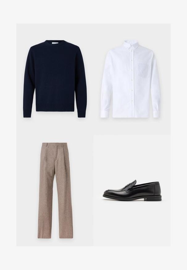 Navy blue sweater with a crew neckline, ribbed cuffs, and hem. Made from soft knit material, featuring a simple, classic design.; White long-sleeve button-up shirt made of cotton, featuring a chest pocket with tonal embroidery, a collar, and button cuffs.; Brown, high-waisted trousers made of textured fabric. Features wide legs and two front pleats for structure. Neat finish with no visible hardware.; Black leather loafers with a smooth texture, rounded toe, and a decorative strap across the vamp. Low stacked heel, minimalist design.