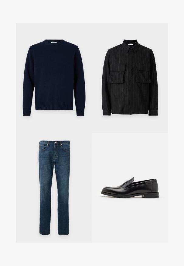 Granatowy sweter z okrągłym dekoltem, ściągaczami przy rękawach i u dołu. Wykonany z miękkiego materiału dzianinowego, charakteryzujący się prostym, klasycznym wzornictwem.; Czarna koszula z długim rękawem, w pionowe prążki, z dwoma kieszeniami na piersi, kołnierzykiem i zapięciem na guziki. Miękka, teksturowana tkanina.; Granatowe dżinsy z prostą nogawką, pięć kieszeni, zapięcie na guziki, z subtelnymi przetarciami i detalami w szwie. Gładka tekstura.; Czarne skórzane mokasyny o gładkiej fakturze, zaokrąglonym nosku i dekoracyjnym pasku na przodzie. Niski, warstwowy obcas, minimalistyczny design.