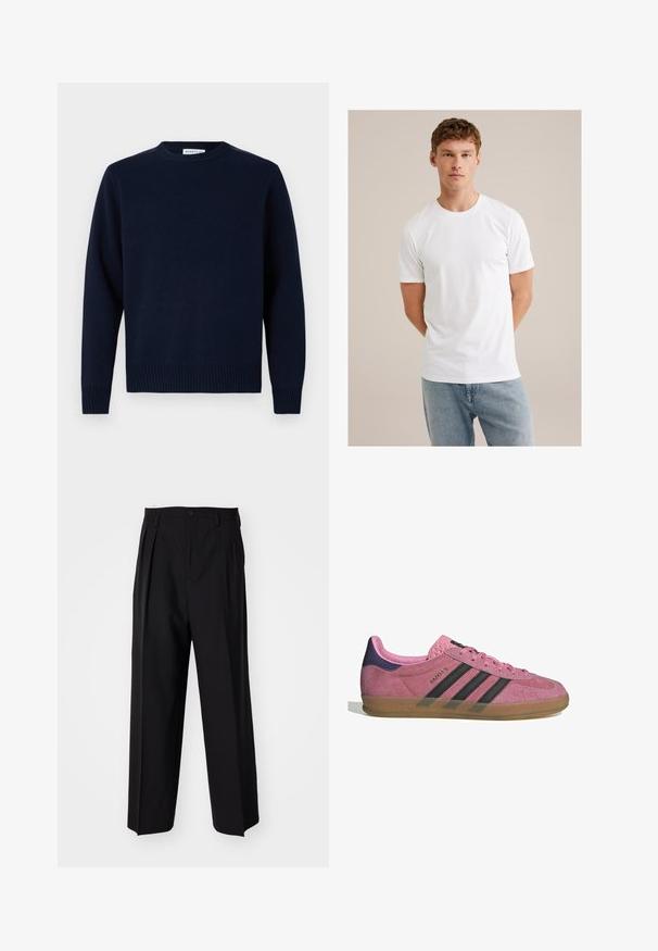 Marineblauer Pullover mit Rundhalsausschnitt, gerippten Bündchen und Saum. Aus weichem Strickmaterial gefertigt, mit einem schlichten, klassischen Design.; Junger Mann mit hellbraunem Haar, der ein schlichtes weißes T-Shirt mit kurzen Ärmeln und hellblaue Jeans trägt, vor einem beigen Hintergrund.; Schwarze, plissierte Hose mit geradem, weitem Bein. Hergestellt aus glattem Stoff, mit Knopfverschluss und Gürtelschlaufen.; Rosa Wildleder-Sneaker mit schwarzen Streifen, Gummisohle und strukturiertem lila Fersenbereich. Verfügt über ein Schnürdesign und geprägte Markenkennzeichnung an der Seite.