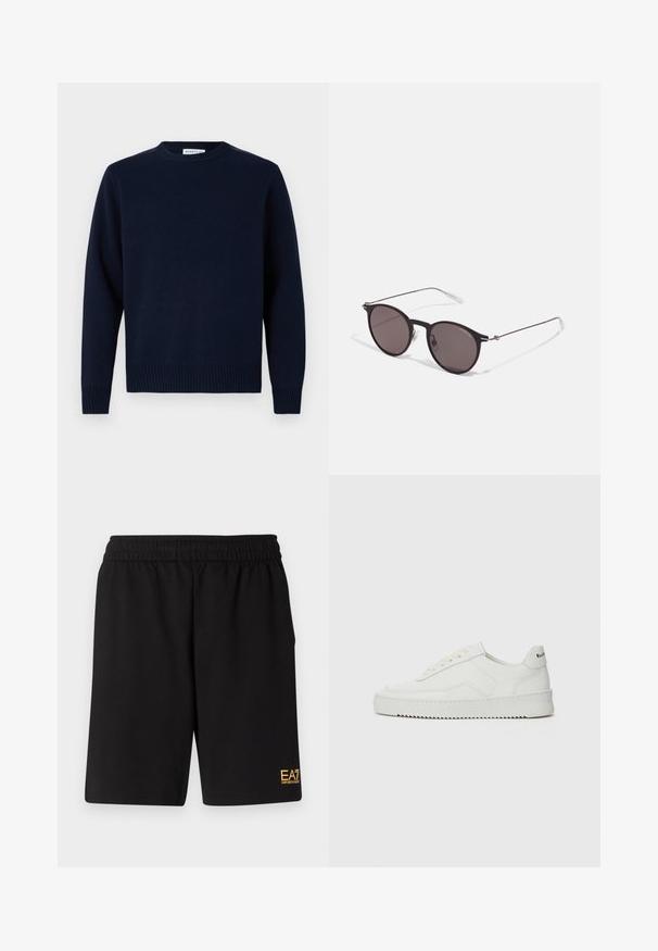 Marineblauer Pullover mit Rundhalsausschnitt, gerippten Bündchen und Saum. Aus weichem Strickmaterial gefertigt, mit einem schlichten, klassischen Design.; Schwarze Sportshorts aus weichem Material, mit einem elastischen Bund und einem kleinen gelben EA7-Logo am unteren linken Bein.; Weiße Ledersneaker mit glatter Oberfläche, runder Zehenpartie, flachen Schnürsenkeln und strukturiertem Sohlenprofil. Mit einem dezenten Logo an der Ferse.; Schwarze runde Sonnenbrille mit dunklen Gläsern und schlanken Metallbügeln. Enthält klare Tempelspitzen und silberne Akzente am Scharnier. Minimalistisches Design.