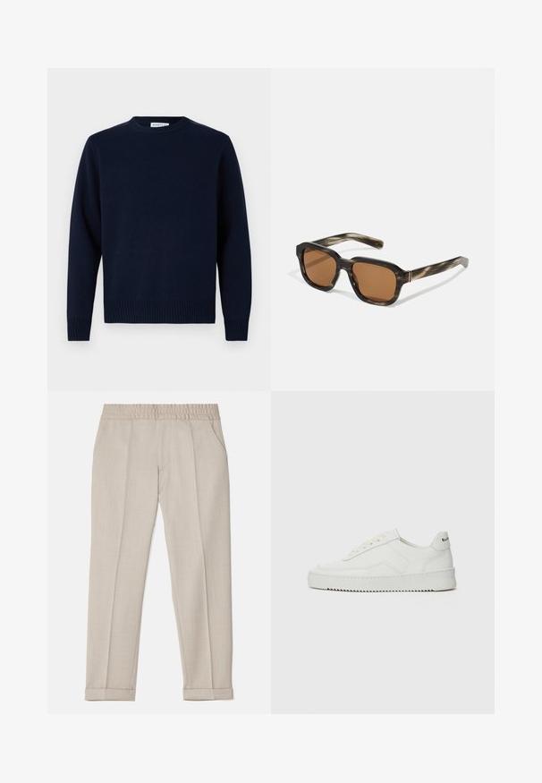 Marineblauwe trui met een ronde hals, geribde manchetten en onderkant. Gemaakt van zacht breimateriaal, met een eenvoudig, klassiek ontwerp.; Filippa K TERRY CROPPED TROUSERS - Broek - sage melange; Witte leren sneaker met een gladde afwerking, ronde neus, platte veters en een gestructureerde zool. Kenmerkt zich door een subtiel logo op de hiel.; Plastic zonnebril met een schildpadpatroon, octagonale bruine lenzen en dunne gouden hardwareaccenten op het frame.