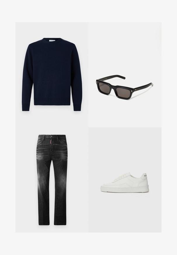 Tumedatüki sinine sviiter, millel on ümar kaelus, ribikätised ja -äär. Valmistatud pehmest kudumismaterjalist, millel on lihtne ja klassikaline disain.; Mustad denim püksid otse lõikega. Omavad kulunud piirkondi, väikseid kahjustusi, klassikalist viit taskut ning nööpkinnitust.; Valge nahast tennis, millel on sile põhi, ümar varvas, lamedad nöörid ja tekstuuriline tall. Sisaldab diskreetset logo kontsaribal.; Mustad mustakorruselised prillid tumedate läätsedega, paks plastikraam, kuldsed aksendid templites ning kaubamärgi logo graveeritud käe lilla.