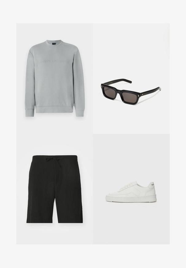 Felpa grigia chiara con scollo a girocollo, caratterizzata da un testo in rilievo "ARMANI EXCHANGE" sul davanti e polsini e fondo a costine.; Pantaloni corti neri in lino con vita regolabile, caratterizzati da una vestibilità rilassata e un design lungo fino al ginocchio. Texture liscia, stile semplice e classico.; Sneaker in pelle bianca con una finitura liscia, punta rotonda, lacci piatti e suola testurizzata. Presenta un logo discreto sul tallone.; Occhiali da sole neri rettangolari con lenti scure, montatura spessa in plastica, dettagli dorati sulle tempie e logo del marchio inciso sull'asta.