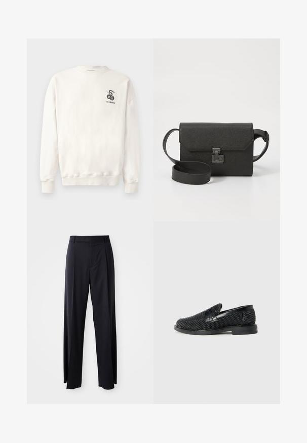 Bílá bavlněná mikina s kulatým výstřihem, žebrovanými manžetami a spodním lemem, s potiskem černého hada a nápisem "HAN KJØBENHAVN" na hrudi.; Černé kalhoty s vysokým pasem a širokým střihem, vyrobené z hladké látky. Mají přední sklady a poutka na opasek. Minimalistický design, bez viditelného kovového hardwaru.; Černé pletené nazouvací boty s hladkým koženým akcentem na svršku, kulatou špičkou a nízkoprofilovou gumovou podrážkou.; Černá kožená crossbody taška s texturovaným povrchem, klopou, kovovými detaily a odpovídajícím nastavitelným popruhem.