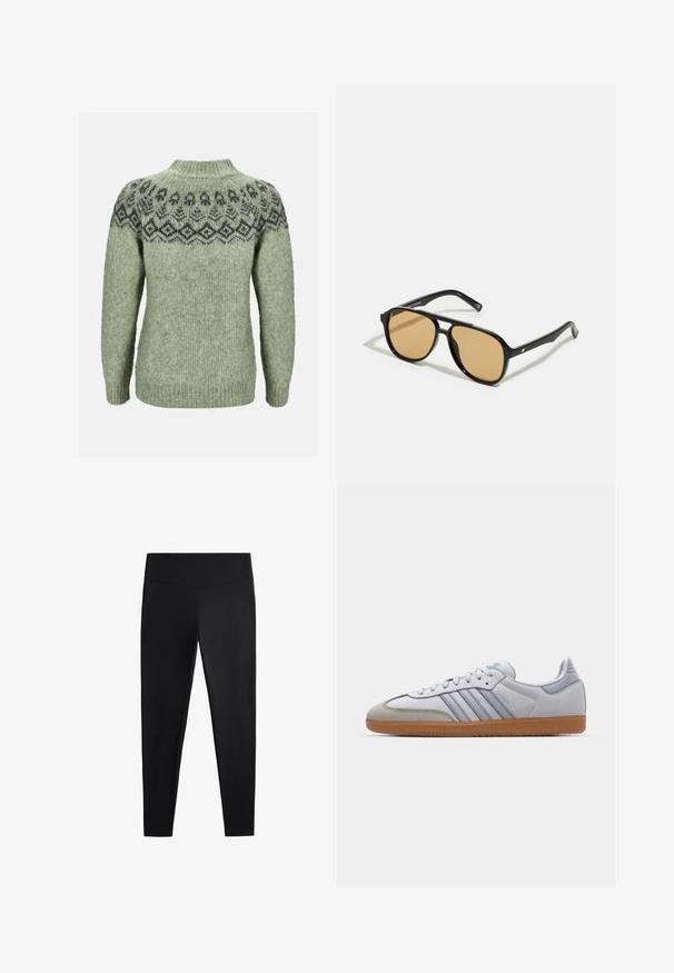 Zielony sweter z dzianiny z wysokim kołnierzem, ozdobiony ciemnym, wzorzystym karczkiem i ściągaczami, wykonany z miękkiej, teksturowanej mieszanki wełny.; Czarne legginsy wykonane z gładkiego, elastycznego materiału. Posiadają szeroki pas oraz zwężany krój nogawek, odpowiednie zarówno do aktywności fizycznej, jak i na co dzień.; Białe skórzane trampki z jasnoniebieskimi akcentami, szarym zamszowym noskiem i brązową gumową podeszwą. Posiadają trzy niebieskie paski oraz logo "Samba".; Czarne okulary przeciwsłoneczne z brązowymi szkłami; prostokątny kształt z grubą oprawą, z delikatnymi akcentami na zausznikach.