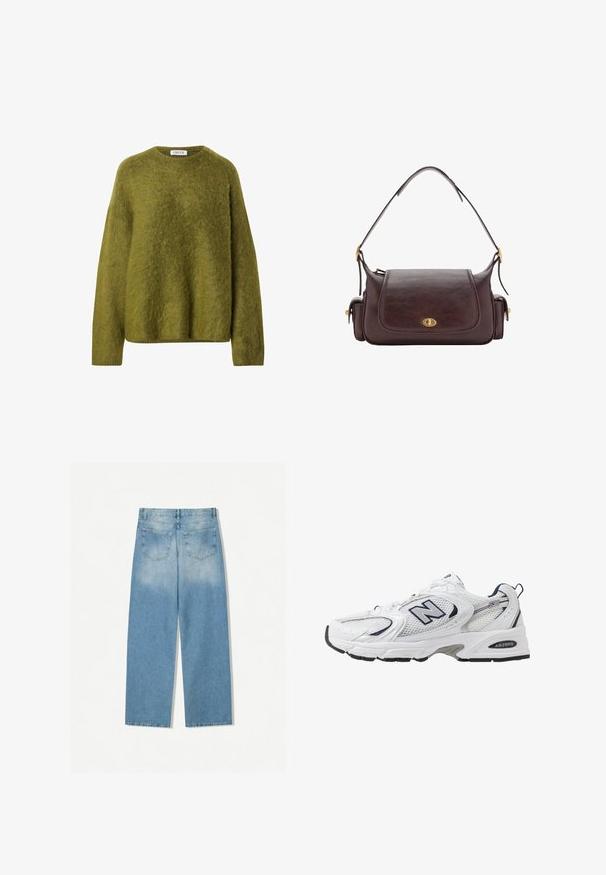 Olivgrüner Strickpullover aus weichem, strukturiertem Material. Hat einen Rundhalsausschnitt und lange Ärmel mit einer lockeren, kastigen Passform.; Grünes Satin-Hemd mit langen Ärmeln, klassischem Kragen, vorderem Knopfverschluss und Einzelknopf-Manschetten. Glatte Textur und elegantes Design.; Helleblaue Denim-Jeans mit geradem Bein, ausgestattet mit zwei Gesäßtaschen und einer ausgebleichten Textur im oberen Bereich.; Weißer Sportschuh mit Mesh-Obermaterial, navyblauen Akzenten und gepolsterter Sohle. Verfügt über das "N"-Logo, Schnürsenkel und eine strukturierte Detailverarbeitung an der Seite.; Braune Leder-Schultertasche mit Klappe. Sie verfügt über goldene Beschläge, eine strukturierte Form und seitliche Taschen für zusätzliche Funktionalität.