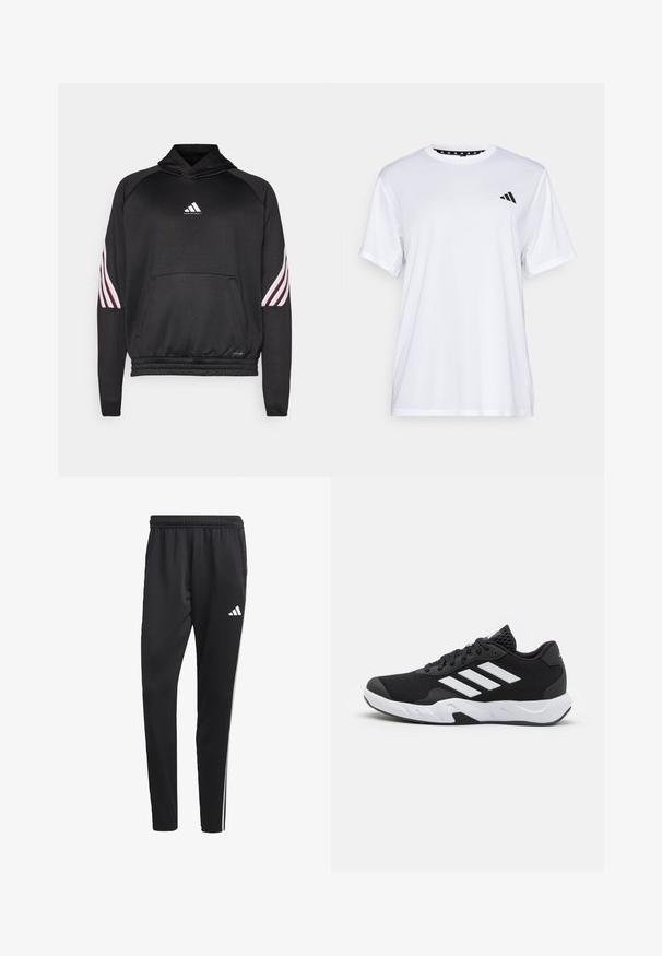 Hanorac de baschet Adidas negru cu buzunar frontal, dungi albe și roșii pe manșete și talie elastică.; Tricou sportiv alb cu mâneci scurte, fabricat dintr-un material care elimina umezeala. Are un logo negru pe pieptul stâng și o guler interiory cu un design patterned.; Pantaloni sport negru cu un brâu elastic, dungi albe pe lateral și un mic logo alb pe coapsă. Realizați dintr-un material neted și ușor.; Pantofi sport negri cu un material din plasă texturată, benzi albe de accent, o talpă cushioned și un călcâi întărit pentru suport.