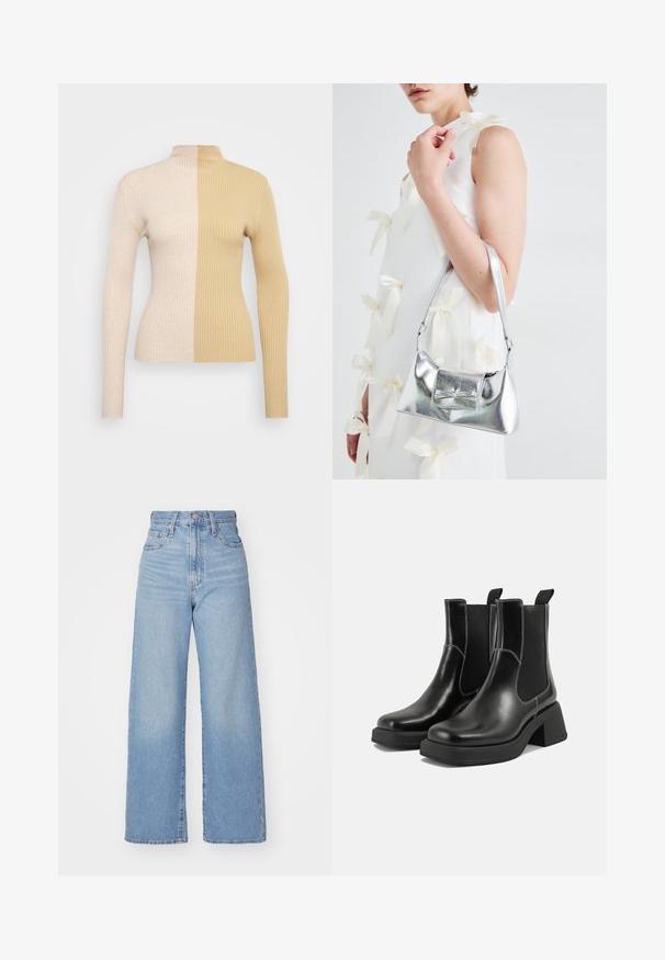 Žensk pulover z rebrastim ovratnikom, ki se ponaša z dvobarvnim dizajnom v kremni in bež barvi. Prilegajoča silhueta z dolgimi rokavi in visokim ovratnikom.; Svetlo modri visokorasli široki traper hlače z sprednjim gumbom in zadrgo, sprednjimi in zadnjimi žepi, na belem ozadju.; Črne usnjene Chelsea škornje s širokim petami, elastičnimi stranskimi ploščami in kontrastnim belim šivanjem. Teksturirana površina.; Srebrna metalna torbica z oblikovano strukturo, ki ima zgornji ročaj in detajl v obliki mašne spredaj. Gladka tekstura, z odsevnimi površinami.