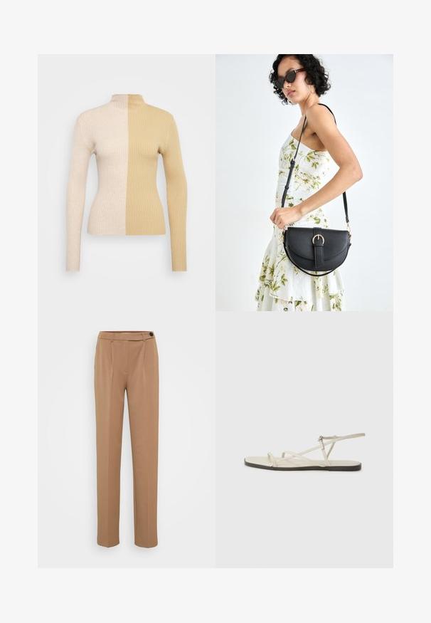 Ribovaný rolák v dvoch farbách, krémovej a béžovej. Upnutý strih s dlhými rukávmi a vysokým golierom.; Hnedé nohavice s rovnými nohami, s jedným gombíkom a skladaným predným dizajnom. Hladká textúra, minimalistický štýl.; Béžové ploché sandále s viacerými štíhlymi popruhmi a nastaviteľnou prackou. Podrážka je plochá s jemným tmavým kontrastom na okraji.; Čierna kožená kabelka s zaobleným tvarom, odnímateľným popruhom a zlatými doplnkami. Kabelka má klopu s detailom s prackou.