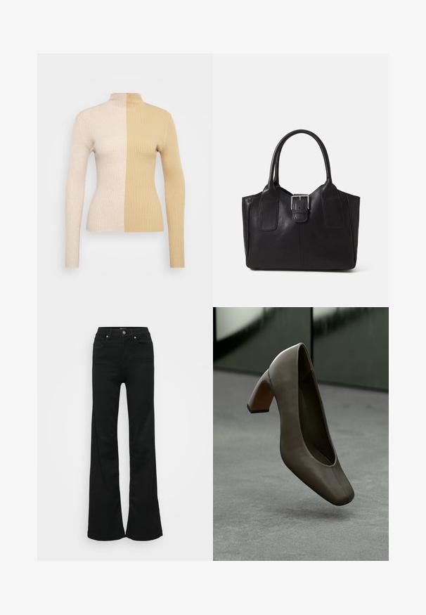 Ribbed turtleneck sweater featuring a two-tone design in cream and beige. Fitted silhouette with long sleeves and a high neck.; Black flared jeans made from denim, featuring a high waist, five pockets, and metal button closure. Smooth texture with minimal detailing.; Dark olive green leather high-heeled shoe with square toe and block heel, floating above a gray concrete floor with a blurred green background.; Black leather tote bag with smooth texture, structured shape, two handles, and a prominent silver buckle detail on the front.