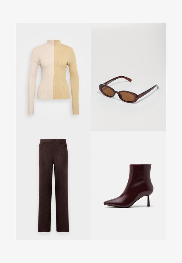 Ribaga kaelusega särk, millel on kahetooniline disain kreemi- ja beežis. Sobiv siluett pikkade varrukatega ja kõrge kaelusega.; Sirgeda tumepruunest seemisnahast püksid, millel on ees nupp ja tõmblukk, pentsi aasad ning küljetaskud.; Burgundi patendnahast pahklu saapad terava ninaga ja slim stilettokanna, millel on sile ja läikiv tekstuur ning minimalistlik disain.; Ümar, pruunikased päikeseprillid läikiva burgundia raami ja peente kaubamärgi detailidega. Peened sangad ja lame läätsedesain.