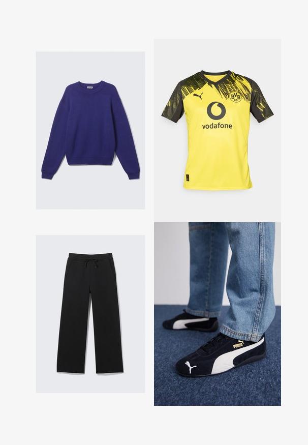 Pull en tricot à manches longues uni de couleur bleu marine avec des poignets côtelés, un ourlet côtelé et un col rond, étiqueté Weekday à l'intérieur du col.; Maillot de football jaune avec des accents noirs. Présente un col en V, un design stylisé au niveau des épaules, le logo de Vodafone et le badge de Borussia Dortmund.; Pantalons de survêtement larges noirs en tissu doux. Possède une taille élastique avec un cordon de serrage et des poches latérales. Texture lisse.; Baskets en daim noir avec accents blancs, arborant un logo doré. Portées avec un jean en denim bleu clair et posées sur une surface bleue texturée.