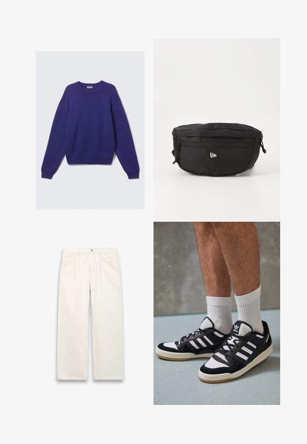 Ein schlichter, langärmliger Strickpullover in Dunkelblau mit gerippten Bündchen, Saum und Rundhalsausschnitt, innen am Kragen mit dem Label Weekday.; Weiße, weit geschnittene Jeans aus Denim mit Knopfverschluss, fünf Taschen und dezenten Steppnähten. Sauberes, minimalistisches Design.; Schwarz-weiße Sneaker mit einem Obermaterial aus Wildleder und Leder, ausgestattet mit drei weißen Streifen, einer perforierten Zehenpartie und einer Sohle aus Gummi.; Schwarze Bauchtasche aus Nylon; verfügt über eine vordere Reißverschlusstasche, einen verstellbaren Riemen und ein Logopatch. Rundliche Form mit glatter Textur.