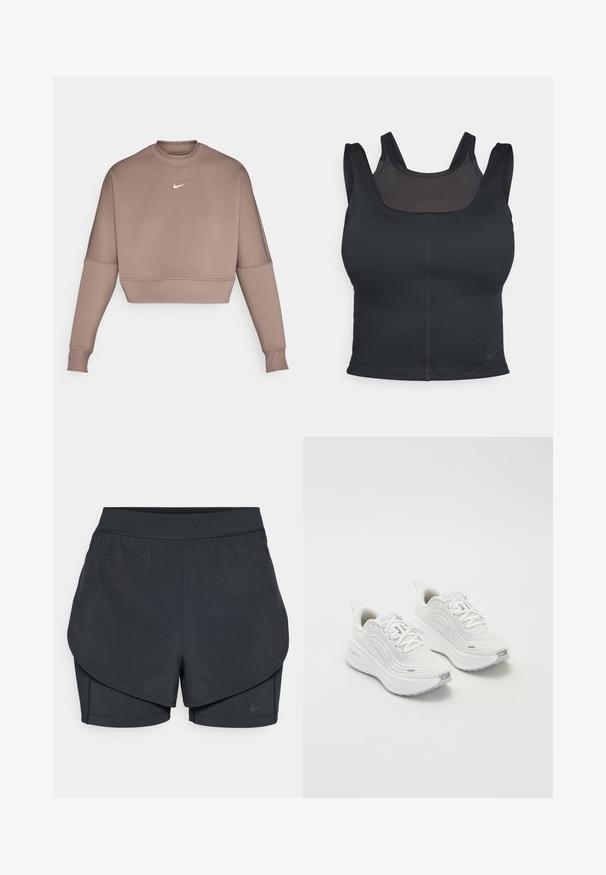Skraćeni dukserica dugih rukava od mekog smešnog materijala, s visokim okovratnikom i belim Nike logotipom na grudima. Glatka tekstura i prilagođeni dizajn.; Crni sportski grudnjak s prilagođenim dizajnom, širokim trakama i mrežastim prekrivačem sprijeda. Glatka tekstura i minimalni šavovi. Nike logo na rubu.; Crne atletske kratke hlače s višeslojnim dizajnom, koje sadrže glatki vanjski sloj i uske unutarnje hlače. Izrađene od lagane, rastezljive tkanine.; Bijele sportske tenisice s teksturiranim mrežastim gornjim dijelom, podstavljenom potplatom i suptilnim sivim naglascima. Uključuju brendiranje i petlju na peti za lakše obuvanje.