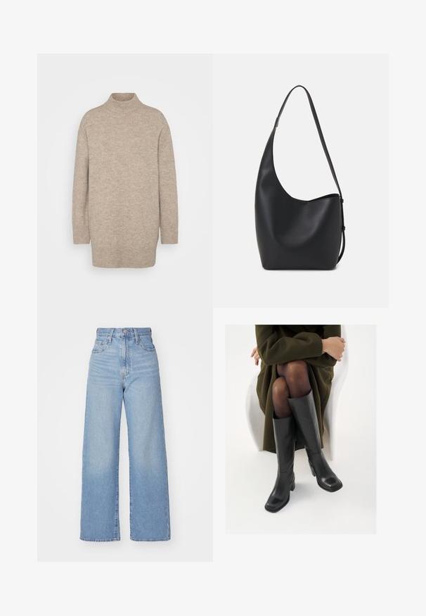 Vero Moda Tall VMIRIS HIGHNECK - Jumper - silver mink melange; Light blue high-waist wide-leg jeans with front button and zip closure, front and back pockets, on a white background.; Knee-high black leather boots with a squared toe and block heel, shown with a model seated in an olive green coat. Smooth texture, minimal detailing.; Black leather hobo bag with a smooth texture, curved shape, and single adjustable strap; features a wide opening at the top.; Silver double-band ring with a smooth, polished surface. Features a fluid, curved design with overlapping sections for a modern look.